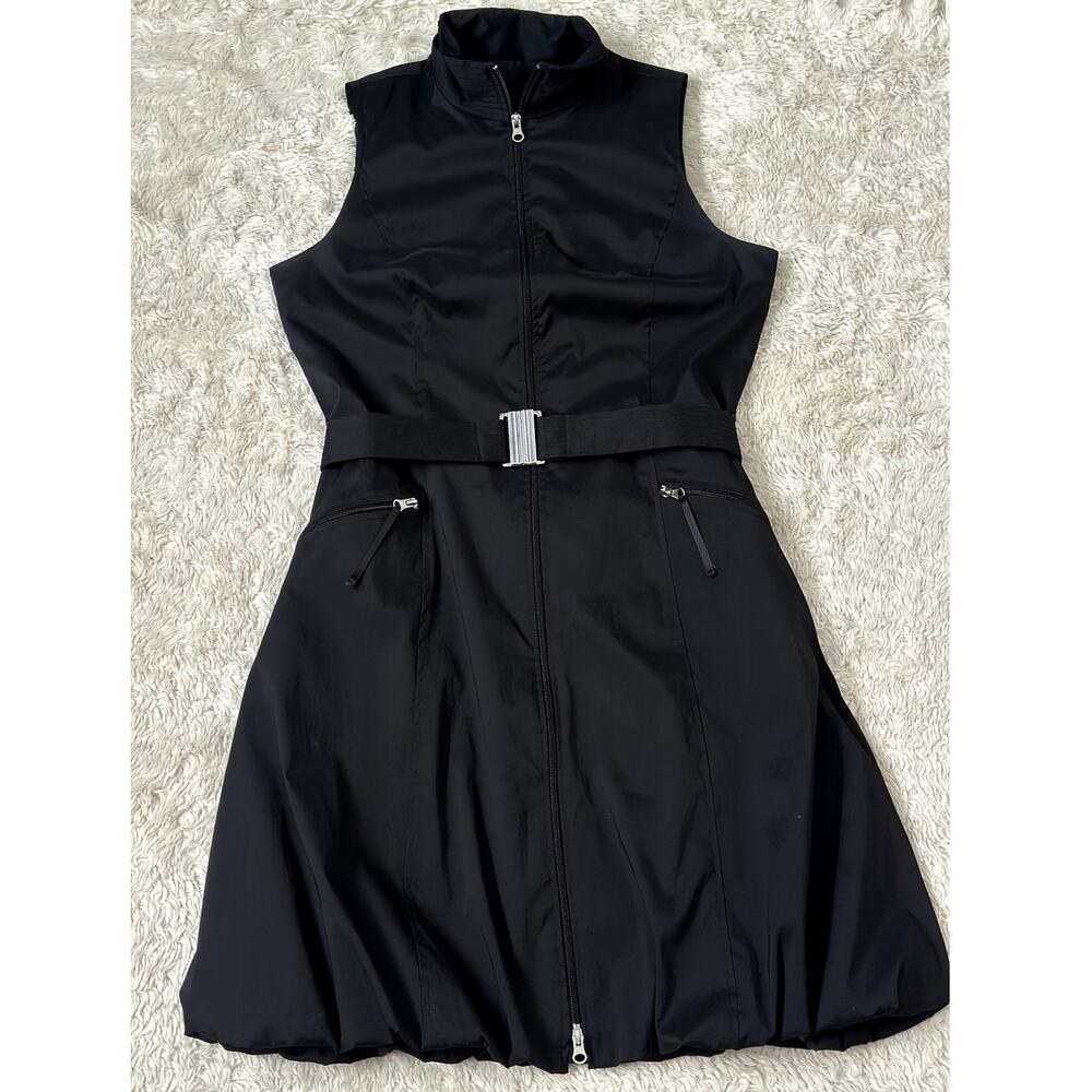 Joseph Ribkoff Sz 12 Black Full Zip Belted Bubble Dress Black Tech Fabric Pocket